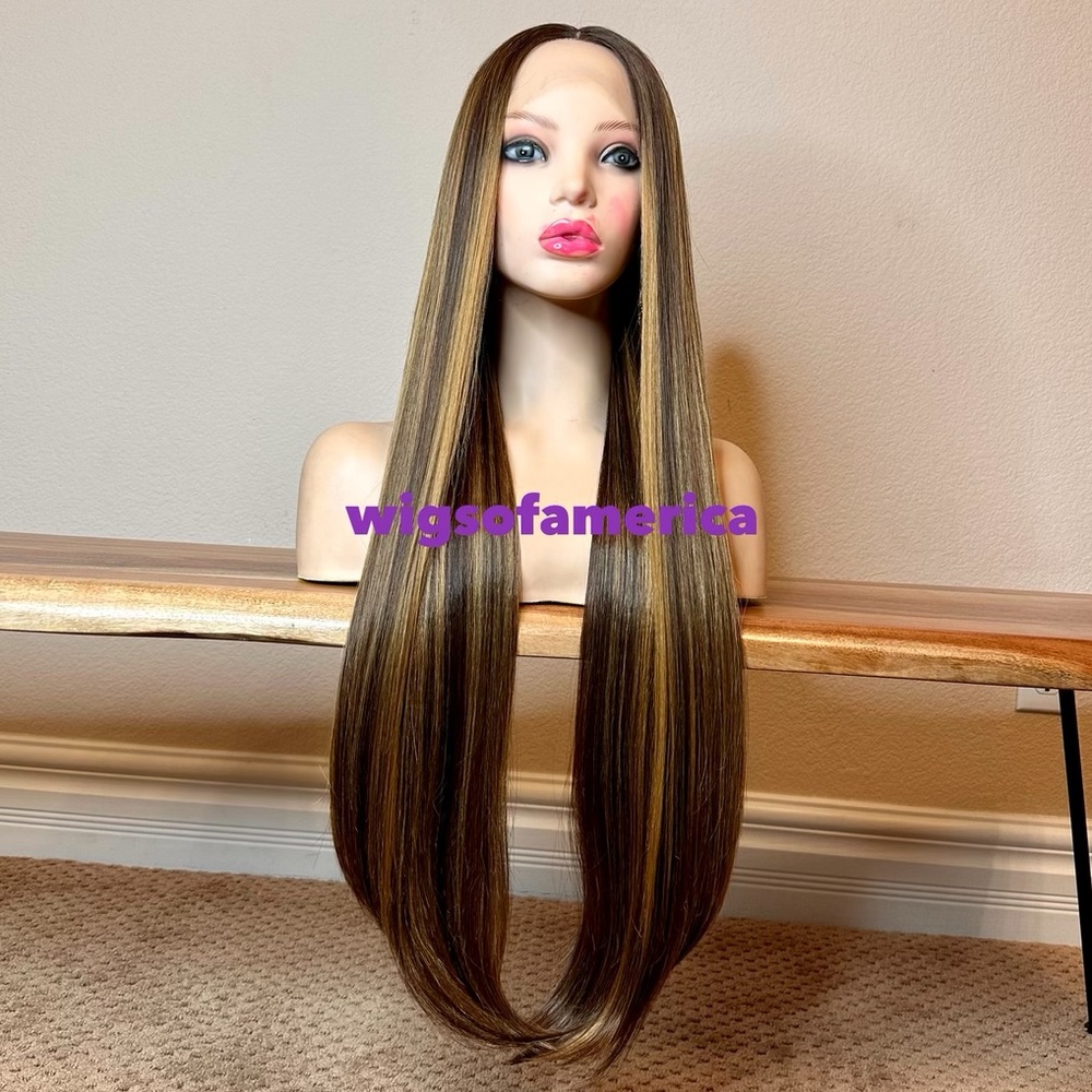 Golden brown straight wig balayage 32 inch long lace front middle part